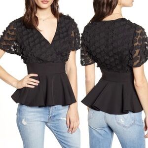 Endless Rose Floral Appliqué Peplum Black Blouse - Size M